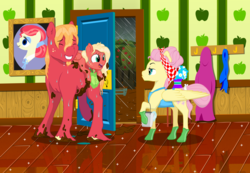 Size: 4659x3224 | Tagged: safe, artist:kaleysia, color edit, colorist:zoness, edit, big macintosh, fluttershy, oc, oc:cellini, pegasus, pony, g4, apron, bucket, cellini riding big macintosh, clothes, colored, family, female, filly, freckles, grin, hair up, handkerchief, high res, hoof glove, male, mare, mud, muddy, nervous, nervous smile, offspring, parent:big macintosh, parent:fluttershy, parents:fluttermac, ponies riding ponies, rain, raised hoof, riding, rubber gloves, ship:fluttermac, shipping, smiling, stallion, story included, straight, sweat, sweatdrop, unamused, unshorn fetlocks, wet, wet mane
