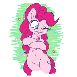 Size: 1500x1500 | Tagged: safe, artist:heir-of-rick, pinkie pie, dragon, earth pony, pony, g4, belly button, female, flower, hug, mare, one eye closed, tongue out, wink