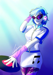 Size: 2480x3507 | Tagged: safe, artist:mantarwolf, dj pon-3, vinyl scratch, equestria girls, g4, clothes, female, glasses, headphones, high res, leggings, looking at you, record, solo, speedpaint available