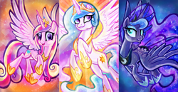 Size: 3412x1758 | Tagged: safe, artist:sophie scruggs, princess cadance, princess celestia, princess luna, alicorn, pony, g4, alicorn triarchy, crown, female, flying, grin, heart eyes, high res, jewelry, mare, open mouth, open smile, regalia, royal sisters, siblings, sisters, smiling, spread wings, trio, trio female, wingding eyes, wings