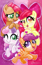 Size: 647x1000 | Tagged: safe, artist:sophie scruggs, apple bloom, babs seed, scootaloo, sweetie belle, earth pony, pegasus, pony, unicorn, g4, adorababs, adorabloom, bow, cute, cutealoo, cutie mark crusaders, diasweetes, female, filly, looking at you, one eye closed