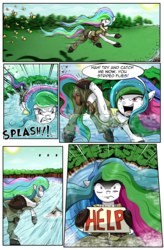 Size: 1800x2740 | Tagged: safe, artist:candyclumsy, princess celestia, bee, earth pony, pony, comic:two sisters go camping, g4, comic, earth pony celestia, help, race swap, river, self spanking, spanking, water, waterfall
