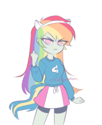 Size: 1000x1226 | Tagged: safe, artist:cinyanmon, rainbow dash, human, equestria girls, g4, :3, clothes, compression shorts, cute, eyelashes, female, fist, frown, jumper, looking at you, miniskirt, moe, shorts, simple background, skirt, solo, sweater, watermark, white background