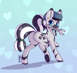 Size: 1735x1655 | Tagged: safe, artist:dsp2003, oc, oc:carjack, zebra, abstract background, blushing, butt, cape, clothes, featureless crotch, female, frog (hoof), heart, looking at you, plot, solo, underhoof, wrench, zebra oc