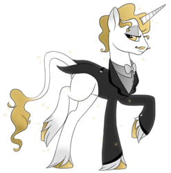 Size: 1024x1038 | Tagged: safe, artist:lostinthetrees, oc, oc only, oc:amdusius, classical unicorn, pony, unicorn, clothes, cloven hooves, horn, leonine tail, male, simple background, solo, stallion, suit, transparent background, unshorn fetlocks