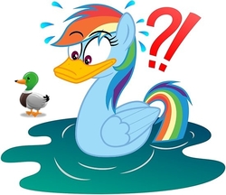 Size: 1100x950 | Tagged: safe, artist:steam-loco, edit, rainbow dash, bird, duck, duck pony, mallard, g4, clipart, duck bill, emanata, exclamation point, interrobang, pegaduck, question mark, rainbow dash is a duck, rainbow duck, species swap, sweat, sweatdrops, water