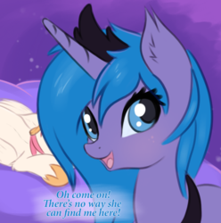 Size: 912x918 | Tagged: safe, artist:twiren, princess celestia, princess luna, alicorn, pony, g4, answer, behind you, female, filly, hoof shoes, text, woona, wrong, younger