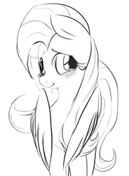 Size: 591x805 | Tagged: safe, artist:dotkwa, fluttershy, pegasus, pony, g4, blushing, cute, female, grayscale, looking at you, mare, monochrome, shyabetes, simple background, smiling, solo, standing, three quarter view, white background