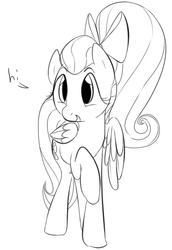 Size: 392x570 | Tagged: safe, artist:dotkwa, fluttershy, pegasus, pony, g4, alternate hairstyle, blushing, bow, cute, female, grayscale, hair bow, hi, mare, monochrome, ponytail, raised hoof, shyabetes, simple background, smiling, solo, white background