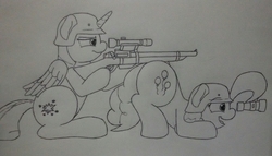Size: 2954x1693 | Tagged: safe, artist:ljdamz1119, pinkie pie, twilight sparkle, alicorn, earth pony, pony, g4, aiming, binoculars, face down ass up, female, gun, helmet, mare, monochrome, profile, rifle, sniper rifle, stahlhelm, this will end in pain, traditional art, twilight sparkle (alicorn), weapon