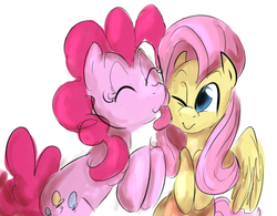 Size: 612x478 | Tagged: safe, artist:dotkwa, fluttershy, pinkie pie, earth pony, pegasus, pony, g4, cute, diapinkes, duo, eyes closed, face licking, female, hooves to the chest, licking, mare, one eye closed, shyabetes, simple background, smiling, tongue out, white background