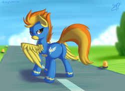Size: 2500x1833 | Tagged: safe, alternate version, artist:skipsy, spitfire, pegasus, pony, g4, butt, clothes, dock, eyelashes, female, firebutt, lidded eyes, looking back, outfit, plot, rear view, sexy, solo, spread wings, stupid sexy spitfire, suit, the ass was fat, uniform, wings, wonderbolts uniform