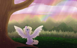 Size: 4920x3080 | Tagged: safe, artist:itssopanda, oc, oc only, oc:feather paint, oc:panda, pegasus, pony, female, mare, mountain, rainbow, sitting, solo, spread wings, tree, wings