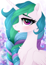 Size: 1650x2300 | Tagged: dead source, safe, artist:vird-gi, princess celestia, alicorn, pony, g4, blushing, chest fluff, female, looking at you, mare, missing accessory, open mouth, solo