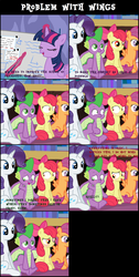 Size: 1856x3688 | Tagged: safe, apple bloom, rarity, scootaloo, spike, twilight sparkle, alicorn, pony, comic:problem with wings, g4, comic, female, magic, male, ship:spikebloom, shipping, straight, twilight sparkle (alicorn), wings