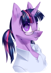 Size: 1024x1463 | Tagged: dead source, safe, artist:jun1313, twilight sparkle, pony, unicorn, g4, alternate hairstyle, bust, clothes, female, glasses, ponytail, shirt, simple background, solo, transparent background
