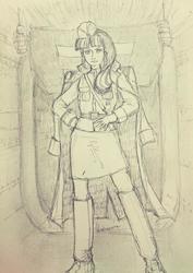 Size: 726x1024 | Tagged: safe, artist:daisymane, starlight glimmer, human, g4, boots, clothes, equal cutie mark, female, hat, humanized, jacket, military uniform, monochrome, pencil drawing, shoes, skirt, solo, stalin glimmer, traditional art, uniform