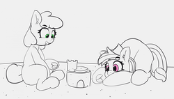 Size: 1280x725 | Tagged: safe, artist:pabbley, oc, oc:tater trot, oc:wafflecakes, earth pony, pony, 30 minute art challenge, beach, female, frog (hoof), lineart, mare, partial color, sandcastle, underhoof
