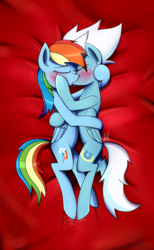 Size: 800x1300 | Tagged: safe, artist:whitelie, fleetfoot, rainbow dash, pegasus, pony, g4, bed, blushing, commission, commissioner:fleetfoot, cuddling, female, fleetdash, folded wings, hug, imminent sex, kiss on the lips, kissing, lesbian, shipping, signature