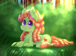 Size: 1351x1007 | Tagged: safe, artist:pink-pone, artist:whiskyice, tree hugger, earth pony, pony, g4, blushing, chest fluff, collaboration, female, forest, happy, huggerbetes, looking at you, mare, prone, smiling, solo, tree