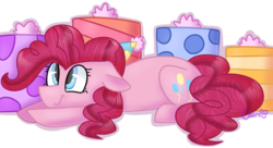 Size: 1024x558 | Tagged: safe, artist:tater, pinkie pie, earth pony, pony, g4, female, present, prone, simple background, solo, white background