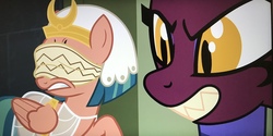Size: 3961x1976 | Tagged: safe, screencap, somnambula, the sphinx, pegasus, pony, sphinx, daring done?, g4, blindfold, female, mare