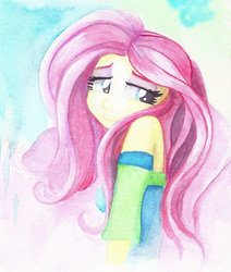 Size: 803x949 | Tagged: safe, artist:astevenamedwolf, fluttershy, equestria girls, g4, my little pony equestria girls: better together, beautiful, clothes, cute, female, lidded eyes, looking away, looking sideways, shyabetes, smiling, solo, traditional art