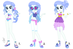 Size: 900x600 | Tagged: safe, artist:ilaria122, part of a set, oc, oc:sapphire blue, equestria girls, g4, belly button, bow, bracelet, choker, clothes, dress, ear piercing, earring, feet, high heels, jewelry, legs, midriff, next generation, offspring, pants, parent:fancypants, parent:rarity, parents:raripants, party dress, piercing, ponytail, resort outflit, sandals, shoes, short shirt, simple background, sunglasses, swimsuit, transparent background, wedge heel