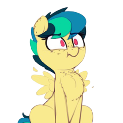 Size: 400x400 | Tagged: safe, artist:shinodage, edit, editor:squeaky-belle, oc, oc only, oc:apogee, pegasus, pony, behaving like a bird, chest fluff, cute, diageetes, eye clipping through hair, female, filly, fluffy, freckles, no pupils, pose, scrunchy face, simple background, solo, transparent background