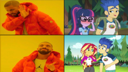 Size: 1021x575 | Tagged: safe, flash sentry, sci-twi, sunset shimmer, twilight sparkle, equestria girls, g4, my little pony equestria girls: legend of everfree, female, hotline bling, male, meme, op is a duck, reaction image, ship:flashimmer, ship:flashlight, ship:sci-flash, shipping, straight