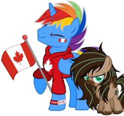 Size: 1024x953 | Tagged: safe, artist:mintoria, artist:xxrainbowblaziexx, oc, oc:mint, oc:rainbowblazie, alicorn, pony, canada, clothes, female, filly, flag, hoodie, male, one eye closed, simple background, stallion, transparent background, wink