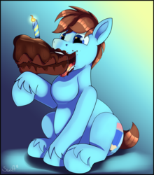 Size: 1656x1878 | Tagged: safe, artist:swiftsketchpone, oc, oc only, oc:swift sketch, earth pony, pony, bhm, birthday cake, cake, fat, food, male, messy eating, solo, stallion, stuffing, throat bulge