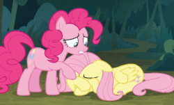 Size: 518x313 | Tagged: safe, screencap, fluttershy, pinkie pie, earth pony, pegasus, pony, g4, the mean 6, animated, animation error, comforting, crying, cute, duo, extra legs, female, five legs, gif, hug, literal fifth leg, sad, shyabetes, sitting, teary eyes