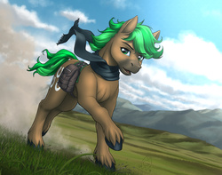 Size: 3420x2700 | Tagged: safe, artist:mykegreywolf, oc, oc only, oc:jaeger sylva, earth pony, pony, clothes, commission, galloping, grass field, high res, male, open mouth, saddle bag, scarf, scenery, solo, stallion