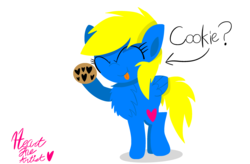 Size: 3072x2010 | Tagged: safe, artist:hearttheartist, oc, oc only, oc:heart cake, pegasus, pony, cookie, food, high res, hoof hold, simple background, speech, white background