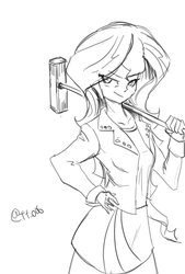 Size: 1377x2039 | Tagged: safe, artist:oberon826, sunset shimmer, equestria girls, g4, clothes, female, hammer, hand on hip, jacket, leather jacket, looking at you, monochrome, skirt, solo