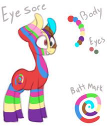 Size: 3000x3500 | Tagged: safe, artist:claudearts, oc, oc only, oc:eyesore, earth pony, pony, cross-eyed, cutie mark, derp, ear fluff, eye candy, eyestrain warning, grin, heterochromia, high res, long neck, mismatched eyes, multicolored, reference sheet, simple background, smiling, solo, stripes, transparent background, wat, wide eyes