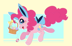 Size: 2276x1448 | Tagged: safe, artist:ponycide, pinkie pie, earth pony, pony, g4, basket, bow, bunny ears, easter, easter basket, easter egg, female, heart eyes, holiday, mare, simple background, solo, wingding eyes