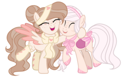 Size: 1024x671 | Tagged: safe, artist:mintoria, oc, oc only, oc:celestial song, oc:pandora, pony, base used, clothes, colored wings, female, hug, mare, scarf, simple background, socks, transparent background, two toned wings
