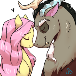 Size: 3000x3000 | Tagged: safe, artist:umgeee, discord, fluttershy, draconequus, pegasus, pony, g4, bust, eyes closed, female, heart, high res, male, mare, nuzzling, profile, ship:discoshy, shipping, simple background, smiling, straight