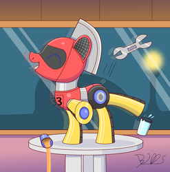 Size: 1801x1820 | Tagged: safe, artist:trackheadtherobopony, oc, oc only, oc:trackhead, pony, robot, robot pony, cafe, glass, juice, signature, solo, spill, table, table dancing, water, wrench