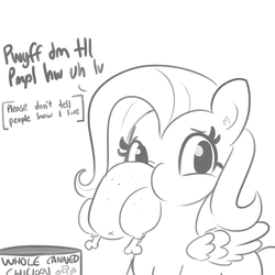 Size: 1650x1650 | Tagged: safe, artist:tjpones, fluttershy, bird, chicken, pegasus, pony, g4, black and white, dialogue, ear fluff, female, food, grayscale, male, mare, monochrome, ponies eating meat, simple background, simplistic cloaca, simpsons did it, solo, subtitles, the simpsons, white background, wings