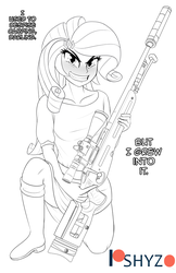 Size: 1052x1628 | Tagged: safe, artist:pshyzomancer, rarity, equestria girls, g4, belt, black and white, blushing, boots, clothes, elbowed sleeves, evil smile, evil smirk, female, grayscale, grin, gun, hairpin, holding, lineart, monochrome, open mouth, rifle, shoes, skirt, smiling, smirk, sniper rifle, solo, sv-98, teenager, text, top, weapon