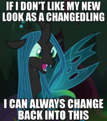 Size: 836x944 | Tagged: safe, edit, edited screencap, screencap, queen chrysalis, changedling, changeling, changeling queen, pony, g4, the mean 6, adorkable, character development, cropped, cute, cutealis, dork, dorkalis, excited, female, fridge brilliance, happy, image macro, meme, meta, mind blown, open mouth, pun, realization, reformed, shapeshifting, silly, silly pony, solo, sudden realization
