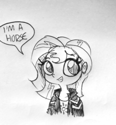 Size: 1066x1149 | Tagged: safe, artist:tjpones, sunset shimmer, human, equestria girls, g4, black and white, bust, cute, dialogue, female, grayscale, monochrome, sketch, solo, speech bubble, traditional art, truth