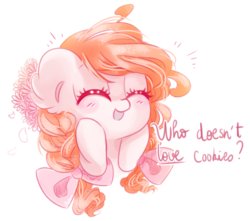 Size: 1112x984 | Tagged: safe, artist:pinkablue, oc, oc only, oc:flowering, earth pony, pony, blushing, bow, braid, braided pigtails, bust, cute, description is relevant, dialogue, ear fluff, eyes closed, female, flower, flower in hair, hair bow, mare, ocbetes, pigtails, simple background, solo, white background