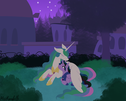 Size: 1750x1391 | Tagged: safe, artist:misskanabelle, princess celestia, oc, oc:velvet shade, alicorn, pony, kindverse, g4, alicorn oc, crying, eyes closed, female, horn, male, mare, momlestia, mother and son, night, nuzzling, offspring, outdoors, parent:good king sombra, parent:king sombra, parent:princess celestia, parents:celestibra, peytral, signature, stallion, stars