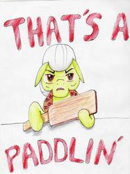 Size: 2393x3198 | Tagged: safe, artist:40kponyguy, derpibooru exclusive, granny smith, earth pony, pony, g4, annoyed, female, high res, hoof hold, implied spanking, looking at you, paddle, reaction image, simple background, solo, the simpsons, traditional art, white background