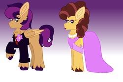 Size: 1307x871 | Tagged: safe, artist:annabear1211, oc, oc only, oc:chocolate cheesecake, oc:thunderclap, earth pony, pegasus, pony, kindverse, crossdressing, offspring, parent:cheese sandwich, parent:pinkie pie, parent:rumble, parent:scootaloo, parents:cheesepie, parents:rumbloo
