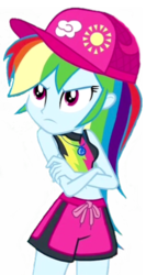 Size: 251x471 | Tagged: safe, edit, edited screencap, editor:lonely fanboy48, screencap, rainbow dash, equestria girls, equestria girls specials, g4, my little pony equestria girls: better together, my little pony equestria girls: forgotten friendship, cap, clothes, crossed arms, female, hat, not a vector, rainbow dash is not amused, rainbow dash's beach shorts swimsuit, simple background, solo, swimsuit, transparent background, unamused